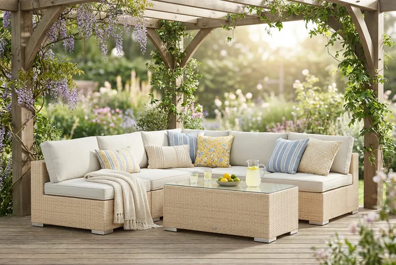 Bahamas utendørs hjørnesofa 5-seters vendbar med åpen avslutning og bord - Beige - Hagemøbler & utemiljø - Loungemøbler - Loungegrupper