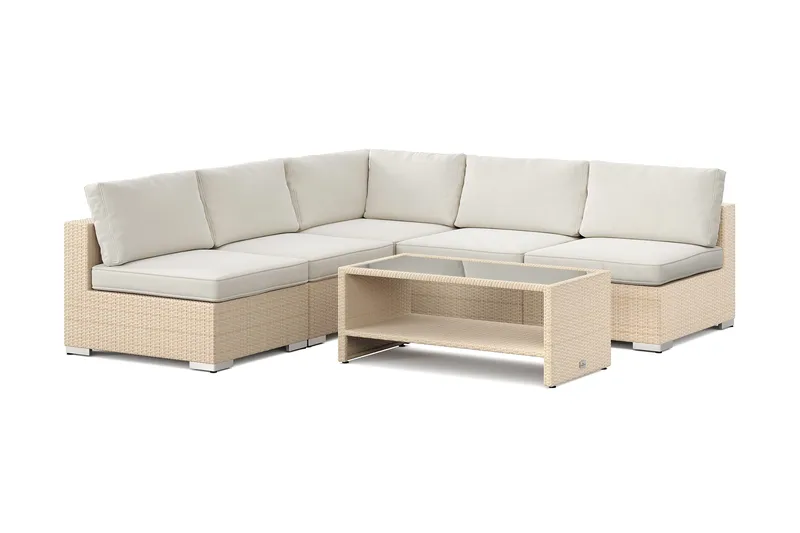 Bahamas utendørs hjørnesofa 5-seters vendbar med åpen avslutning og bord med hylle, Beige