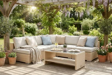 Bahamas utendørs hjørnesofa 5-seters vendbar med åpen avslutning og bord med hylle - Beige - Hagemøbler & utemiljø - Loungemøbler - Loungegrupper