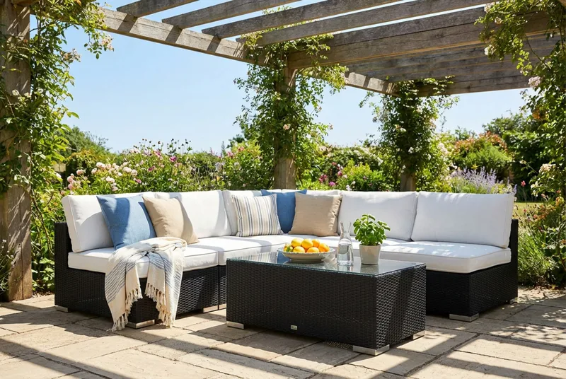 Bahamas utendørs hjørnesofa 5-seters vendbar med åpen avslutning og bord - Svart - Hagemøbler & utemiljø - Loungemøbler - Loungegrupper