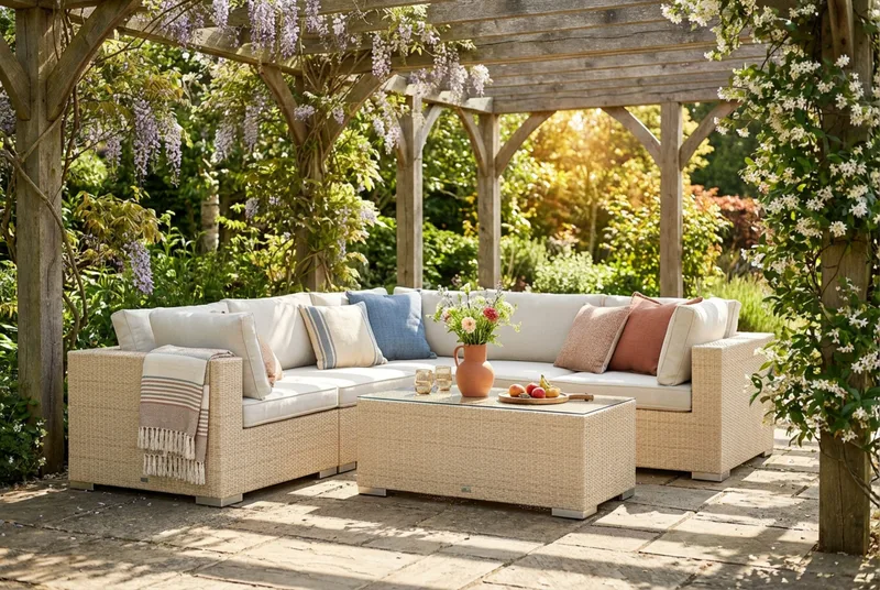 Bahamas utendørs hjørnesofa 5-seters vendbar med bord - Beige - Hagemøbler & utemiljø - Loungemøbler - Loungegrupper