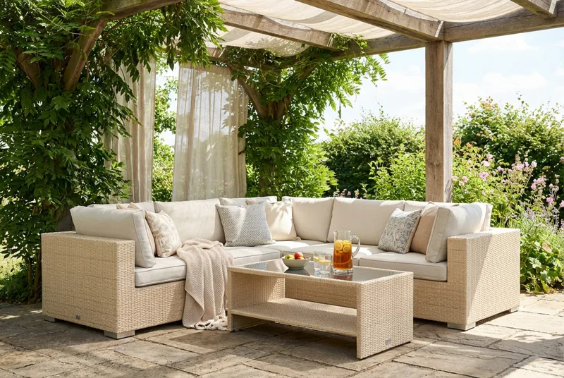 Bahamas utendørs hjørnesofa 5-seters vendbar og bord med hylle - Beige - Hagemøbler & utemiljø - Loungemøbler - Loungegrupper