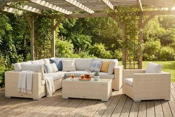 Bahamas utendørs hjørnesofa 6-seters vendbar med lenestol og bord - Beige - Hagemøbler & utemiljø - Loungemøbler - Loungegrupper