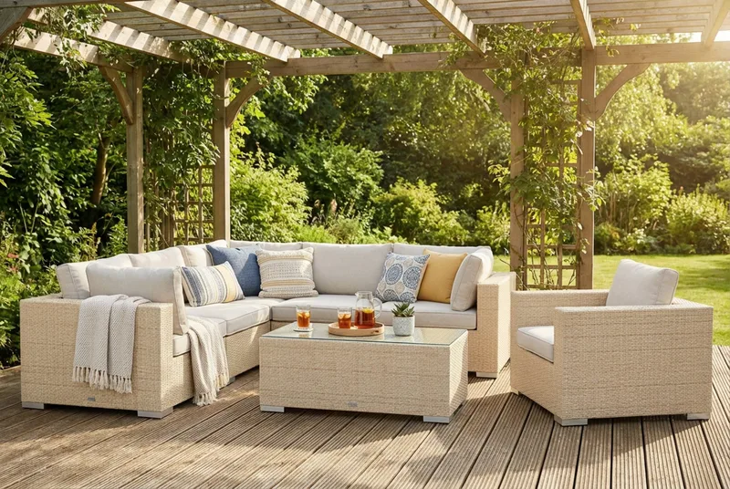Bahamas utendørs hjørnesofa 6-seters vendbar med lenestol og bord - Beige - Hagemøbler & utemiljø - Loungemøbler - Loungegrupper