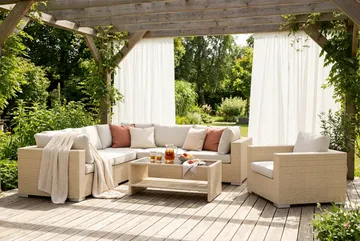 Bahamas utendørs hjørnesofa 6-seters vendbar med lenestol og bord med hylle - Beige - Hagemøbler & utemiljø - Loungemøbler - Loungegrupper
