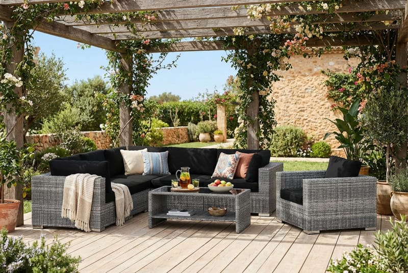 Bahamas utendørs hjørnesofa 6-seters vendbar med lenestol og bord med hylle - Grå - Hagemøbler & utemiljø - Loungemøbler - Loungegrupper