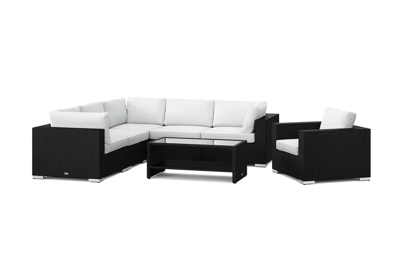 Bahamas utendørs hjørnesofa 6-seters vendbar med lenestol og bord med hylle, Svart