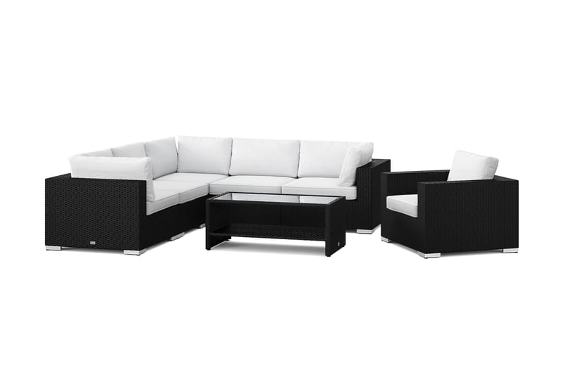 Bahamas utendørs hjørnesofa 6-seters vendbar med lenestol og bord med hylle, Svart