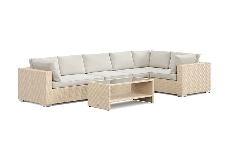 Bahamas utendørs hjørnesofa 6-seters vendbar og bord med hylle, Beige