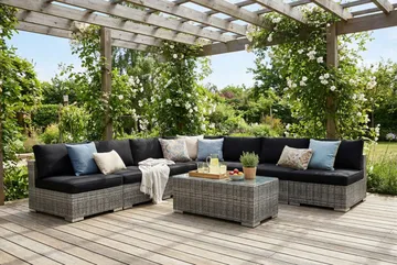 Bahamas utendørs hjørnesofa 7-seters vendbar med åpen avslutning og bord - Grå - Hagemøbler & utemiljø - Loungemøbler - Loungegrupper