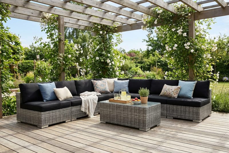 Bahamas utendørs hjørnesofa 7-seters vendbar med åpen avslutning og bord - Grå - Hagemøbler & utemiljø - Loungemøbler - Loungegrupper