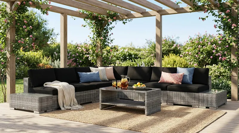 Bahamas utendørs hjørnesofa 7-seters vendbar med åpen avslutning og bord med hylle - Grå - Hagemøbler & utemiljø - Loungemøbler - Loungegrupper