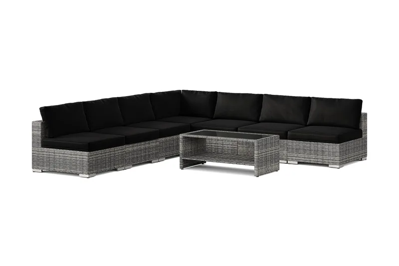 Bahamas utendørs hjørnesofa 7-seters vendbar med åpen avslutning og bord med hylle, Grå