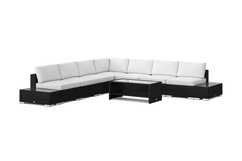 Bahamas utendørs hjørnesofa 7-seters vendbar med åpen avslutning og bord med hylle, Svart