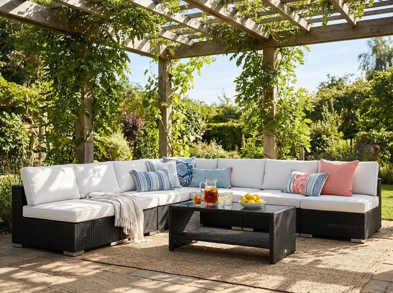 Bahamas utendørs hjørnesofa 7-seters vendbar med åpen avslutning og bord med hylle - Svart - Hagemøbler & utemiljø - Loungemøbler - Loungegrupper