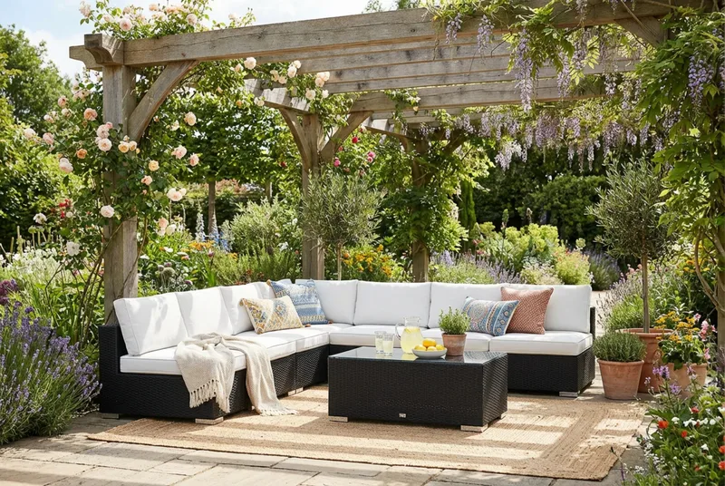 Bahamas utendørs hjørnesofa 7-seters vendbar med åpen avslutning og bord - Svart - Hagemøbler & utemiljø - Loungemøbler - Loungegrupper