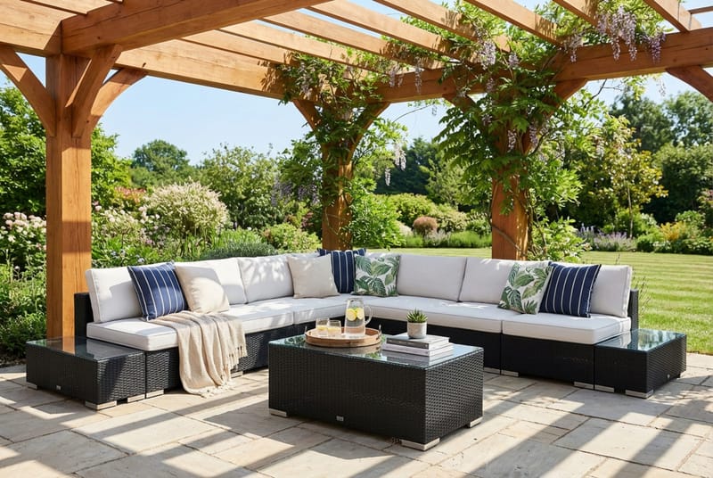 Bahamas utendørs hjørnesofa 7-seters vendbar med åpen avslutning og bord - Svart - Hagemøbler & utemiljø - Loungemøbler - Loungegrupper