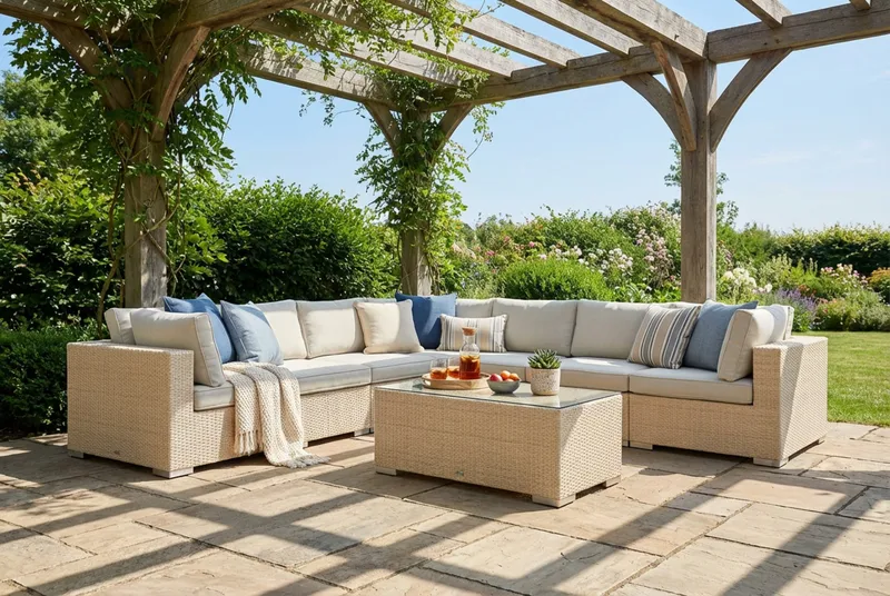 Bahamas utendørs hjørnesofa 7-seters vendbar med bord - Beige - Hagemøbler & utemiljø - Loungemøbler - Loungegrupper