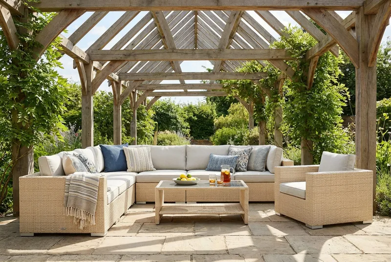 Bahamas utendørs hjørnesofa 8-seters vendbar med lenestol og bord med hylle - Beige - Hagemøbler & utemiljø - Loungemøbler - Loungegrupper