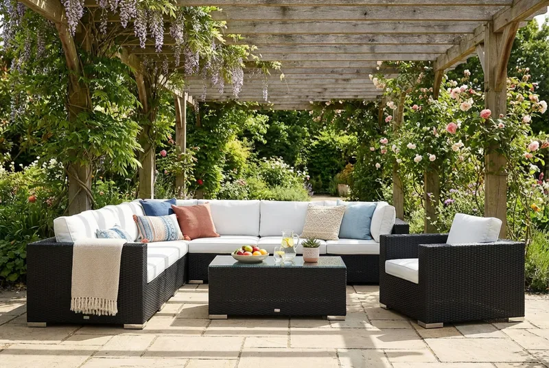 Bahamas utendørs hjørnesofa 8-seters vendbar med lenestol og bord - Svart - Hagemøbler & utemiljø - Loungemøbler - Loungegrupper