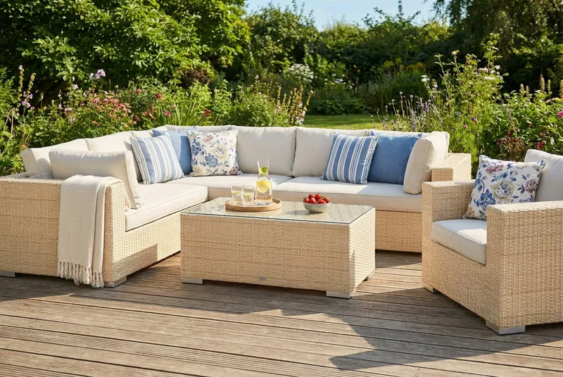 Bahamas utendørs L-sofa høyre 7-seters med lenestol og bord - Beige - Hagemøbler & utemiljø - Loungemøbler - Loungegrupper