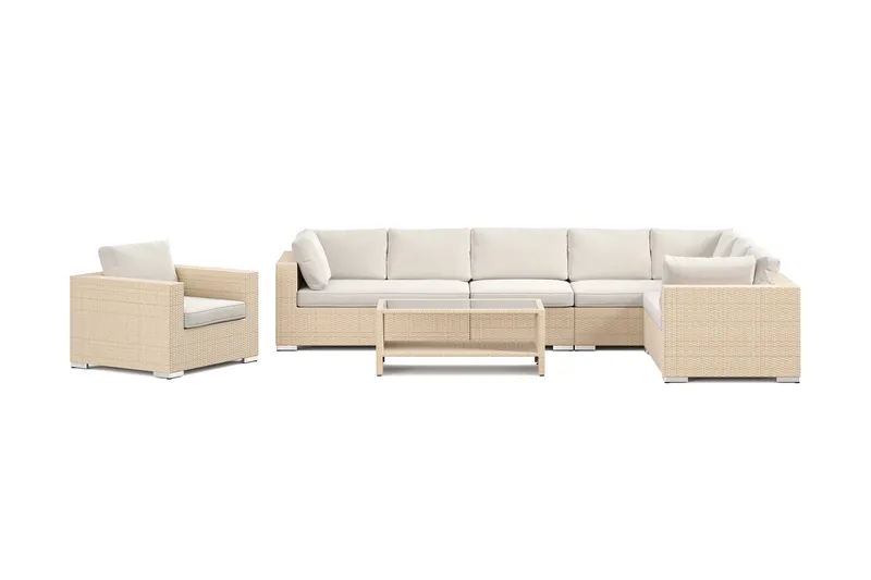 Bahamas utendørs L-sofa høyre 8-seters med lenestol og bord med hylle - Beige - Hagemøbler & utemiljø - Loungemøbler - Loungegrupper