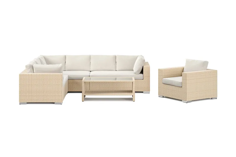 Bahamas utendørs L-sofa venstre 7-seters med lenestol og bord med hylle - Beige - Hagemøbler & utemiljø - Loungemøbler - Loungegrupper