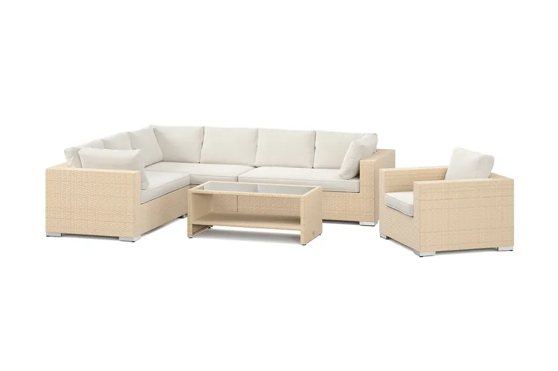 Bahamas utendørs L-sofa venstre 7-seters med lenestol og bord med hylle - Beige - Hagemøbler & utemiljø - Loungemøbler - Loungegrupper
