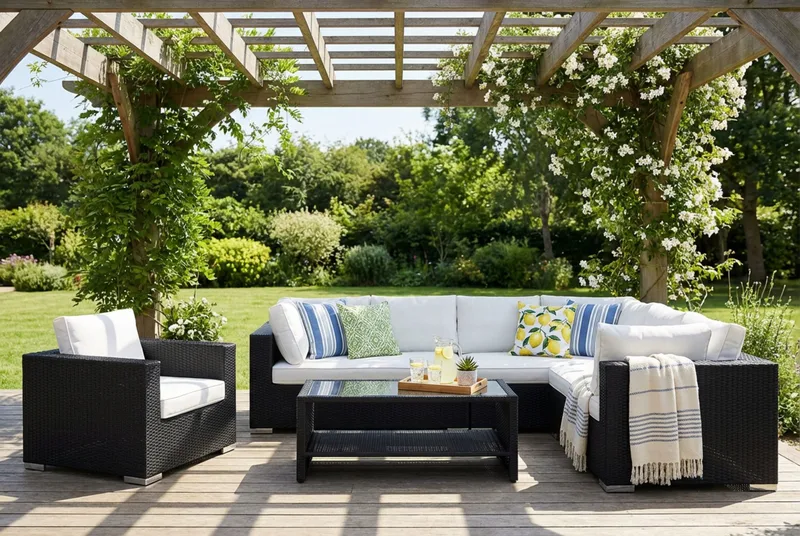 Bahamas utendørs L-sofa venstre 7-seters med lenestol og bord med hylle - Svart - Hagemøbler & utemiljø - Loungemøbler - Loungegrupper