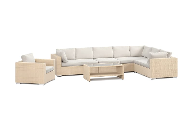 Bahamas utendørs L-sofa venstre 8-seters med lenestol og bord med hylle, Beige