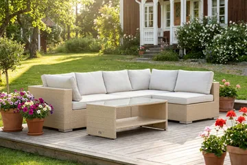 Bahamas utendørs loungegruppe 5-seters med vendbar sjeselong og bord med hylle - Beige - Hagemøbler & utemiljø - Loungemøbler - Loungegrupper