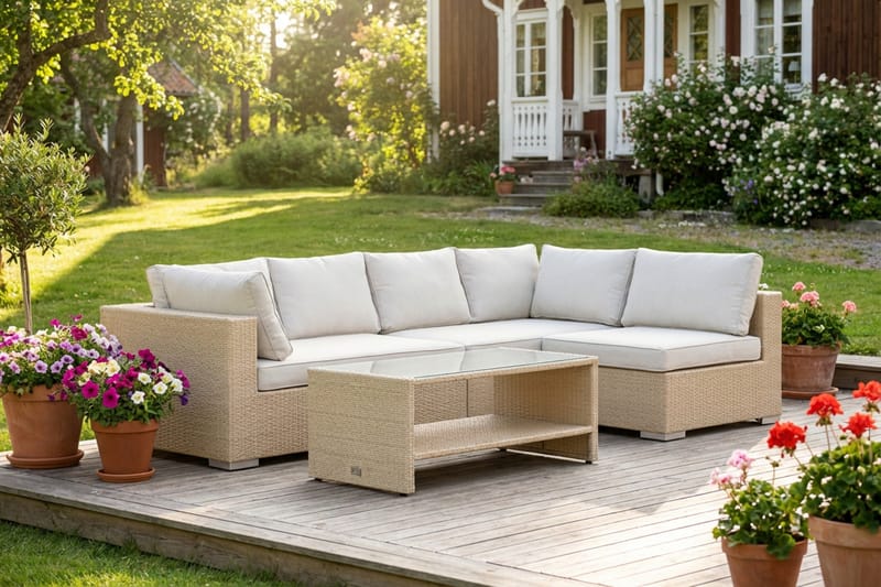 Bahamas utendørs loungegruppe 5-seters med vendbar sjeselong og bord med hylle - Beige - Hagemøbler & utemiljø - Loungemøbler - Loungegrupper