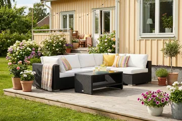 Bahamas utendørs loungegruppe 5-seters med vendbar sjeselong og bord med hylle - Svart - Hagemøbler & utemiljø - Loungemøbler - Loungegrupper