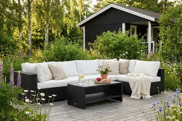 Bahamas utendørs loungegruppe 6-seters med vendbar sjeselong og bord med hylle - Svart - Hagemøbler & utemiljø - Loungemøbler - Loungegrupper