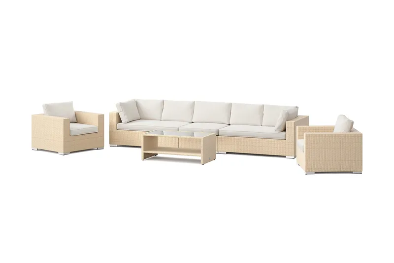 Bahamas utendørs sofagruppe 7-seters med to lenestoler og bord med hylle, Beige