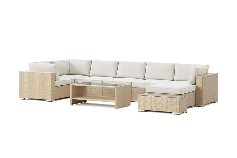 Bahamas utendørs U-sofa 7-seters vendbar divan med åpen avslutning og bord med hylle, Beige