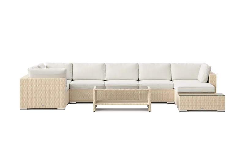 Bahamas utendørs U-sofa 7-seters vendbar divan med åpen avslutning og bord med hylle - Beige - Hagemøbler & utemiljø - Loungemøbler - Loungegrupper