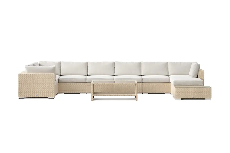 Bahamas utendørs U-sofa 8-seters vendbar divan med åpen avslutning og bord med hylle - Beige - Hagemøbler & utemiljø - Loungemøbler - Loungegrupper