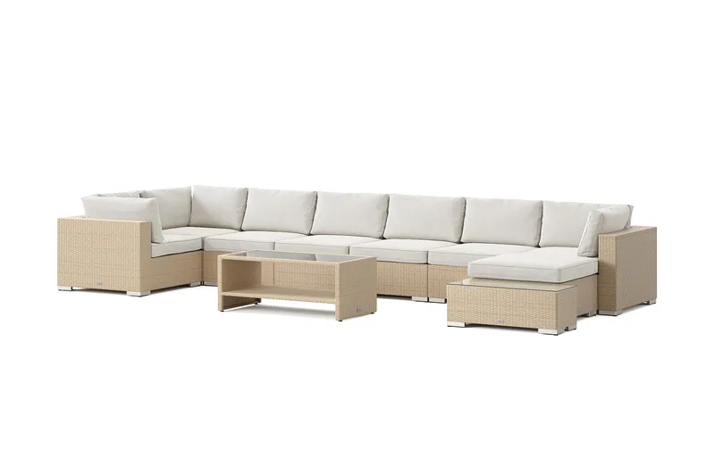 Bahamas utendørs U-sofa 8-seters vendbar divan med åpen avslutning og bord med hylle, Beige