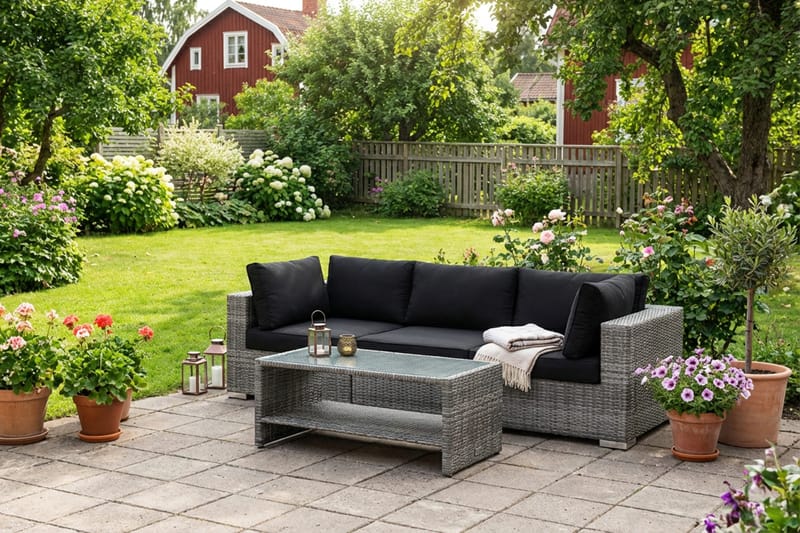 Bahamas utesofa 3-seters med bord og hylle - Grå - Hagemøbler & utemiljø - Loungemøbler - Loungegrupper