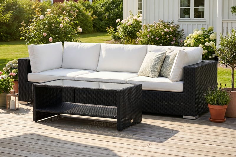 Bahamas utesofa 3-seters med bord og hylle - Svart - Hagemøbler & utemiljø - Loungemøbler - Loungegrupper