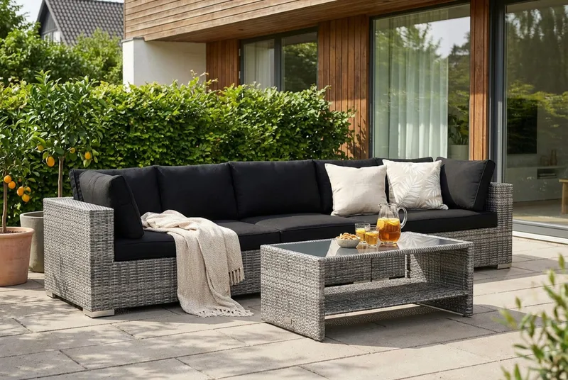 Bahamas utesofa 5-seters med bord og hylle - Grå - Hagemøbler & utemiljø - Loungemøbler - Loungegrupper