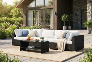 Bahamas utesofa 5-seters med bord og hylle - Svart - Hagemøbler & utemiljø - Loungemøbler - Loungegrupper