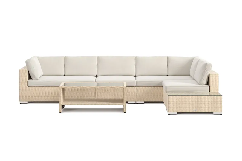 Bahamas utesofa 6-seters vendbar sjeselong med avslutning og bord med hylle - Beige - Hagemøbler & utemiljø - Loungemøbler - Loungegrupper