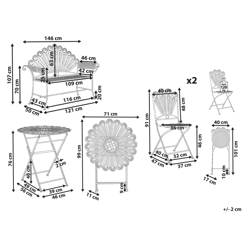 Caféssett utendørs med benk Pavia Jern - Hvit - Hagemøbler & utemiljø - Hagegruppe - Cafemøbler & cafesett