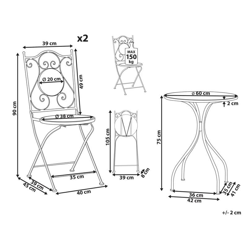 Caféssett utendørs sammenleggbar Chapeco Jern - Svart/blå/hvit - Hagemøbler & utemiljø - Hagegruppe - Cafemøbler & cafesett