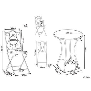 Caféssett utendørs sammenleggbar Comiso Jern - Svart/Hvit - Hagemøbler & utemiljø - Hagegruppe - Cafemøbler & cafesett