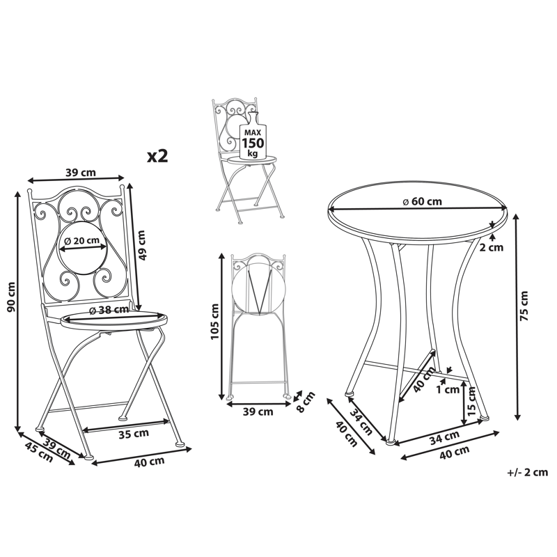 Caféssett utendørs sammenleggbar Comiso Jern - Svart/Hvit - Hagemøbler & utemiljø - Hagegruppe - Cafemøbler & cafesett