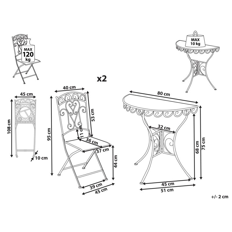 Caféssett utendørs sammenleggbar Juina Jern - Beige - Hagemøbler & utemiljø - Hagegruppe - Cafemøbler & cafesett