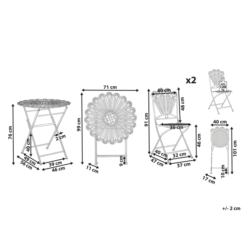 Caféssett utendørs sammenleggbar Pavia Jern - Hvit - Hagemøbler & utemiljø - Hagegruppe - Cafemøbler & cafesett